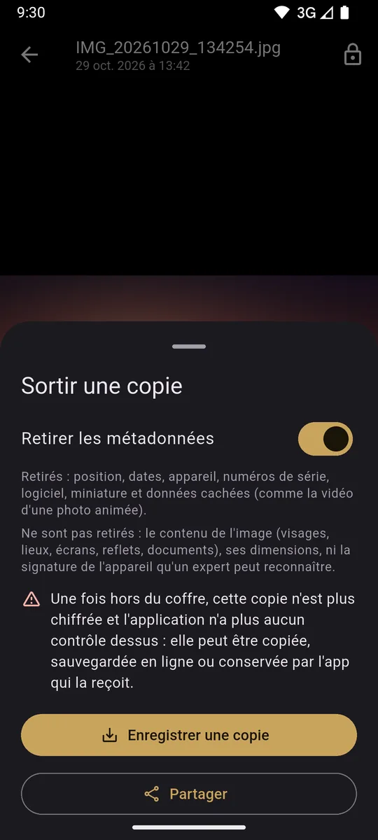 Sortie d'une copie sans métadonnées